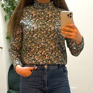 Green floral high neck long sleeve blouse